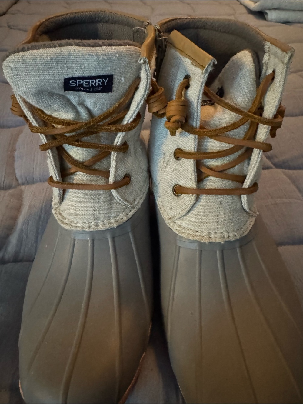 Sperry Duck Boots in Gray and tan with peach soles